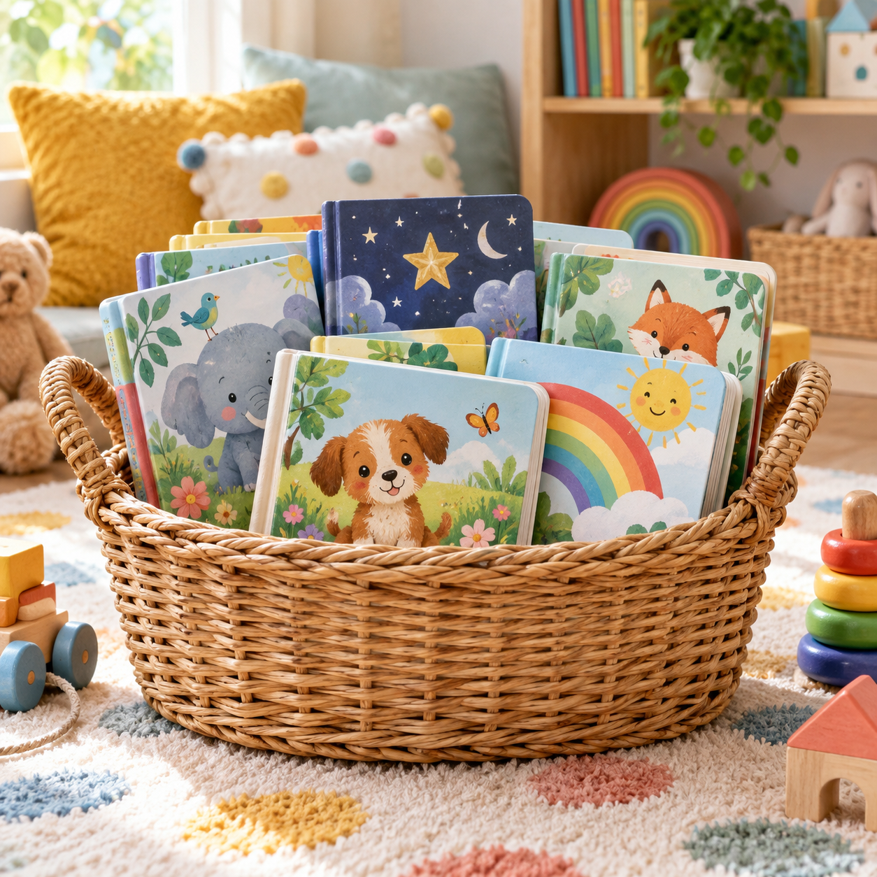 Basket filled with colorful children's books